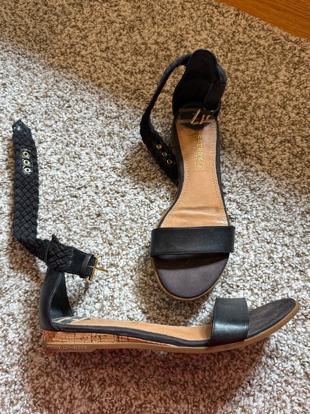 Sperry Black Braided Ankle-Strap Flat Sandals 8